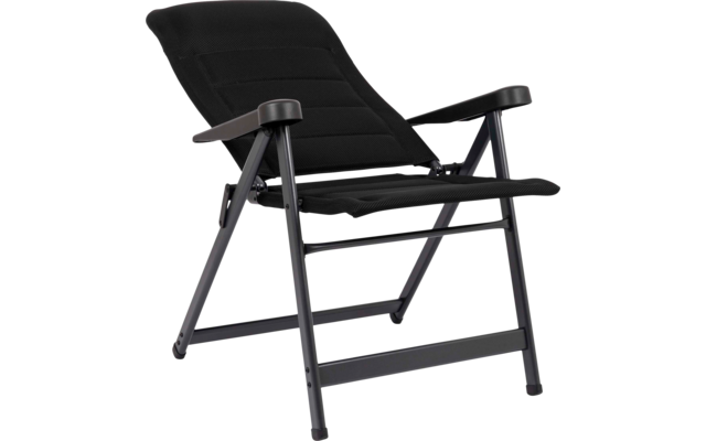 Schwarzer Klappstuhl mit gepolstertem Sitz und Rückenlehne, Armlehnen und schwarzem Metallgestell