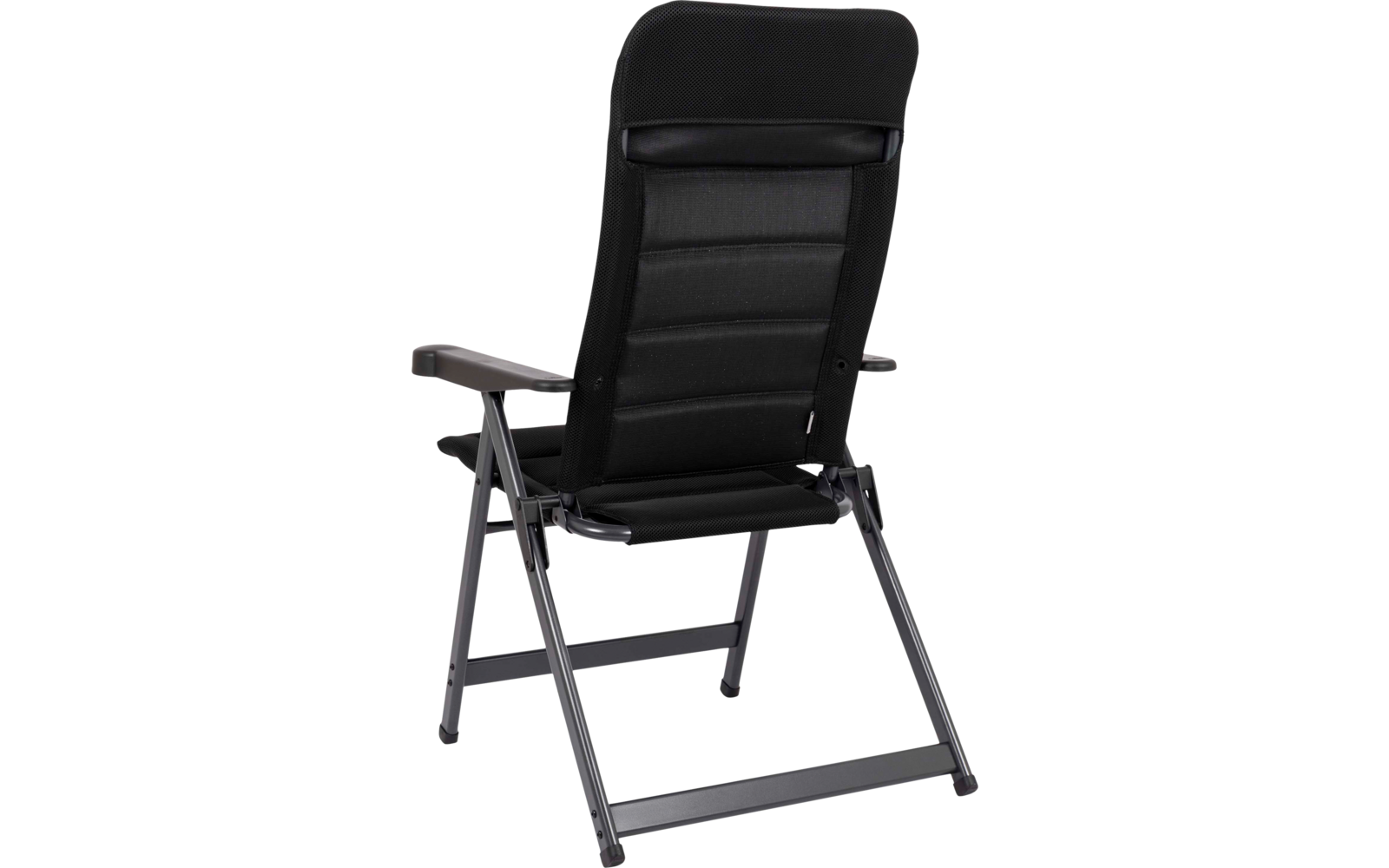 Schwarzer gepolsterter Klappstuhl mit Metallgestell, hoher Rückenlehne mit drei horizontalen Polsterabschnitten, Armlehnen und zwei Querstreben an den Beinen