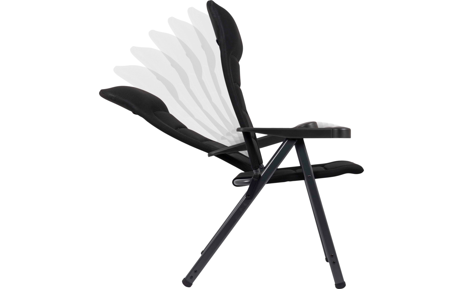 Schwarzer gepolsterter Klappstuhl mit Metallgestell, Armlehnen und verstellbarer Rückenlehne in mehreren Positionen, Seitenansicht auf weißem Hintergrund