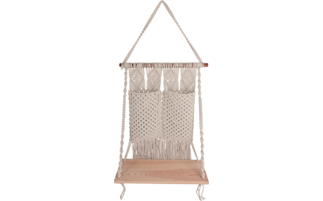 Asiento colgante de madera con respaldo de macramé y flecos
