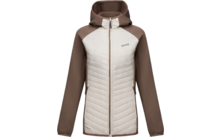 Hooded jacket with full-length zipper, quilted light front panel, brown sleeves and sides, two zippered pockets, small chest logo