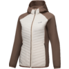 Hooded jacket with front zipper, quilted light front panel, brown sleeves and hood, zippered side pockets