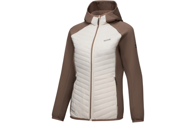 Hooded jacket with front zipper, quilted light front panel, brown sleeves and hood, zippered side pockets