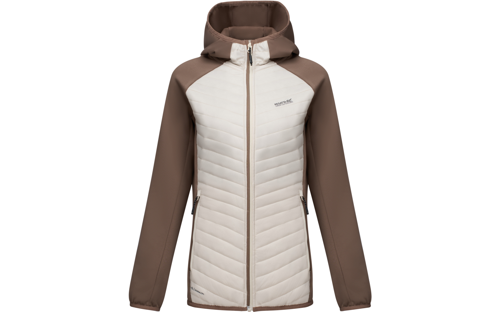 Hooded jacket with full-length zipper, quilted light front panel, brown sleeves and sides, two zippered pockets, small chest logo