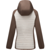 Back view of a hooded jacket with brown sleeves and hood and a light beige, horizontally quilted padded back