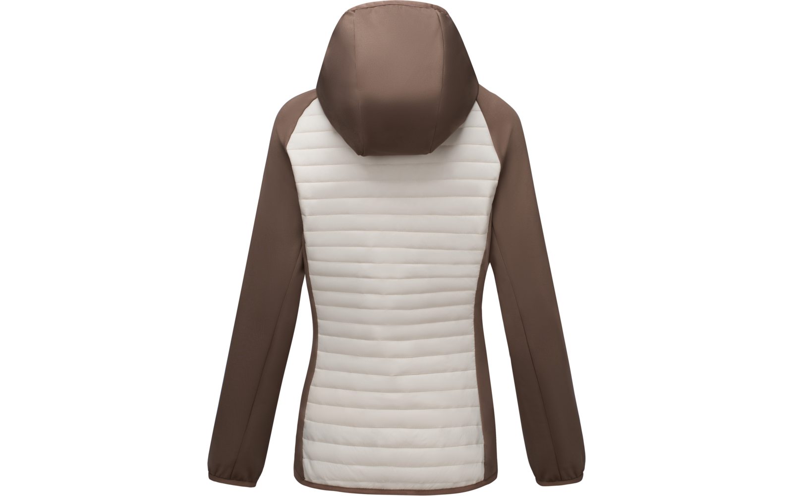 Back view of a hooded jacket with brown sleeves and hood and a light beige, horizontally quilted padded back