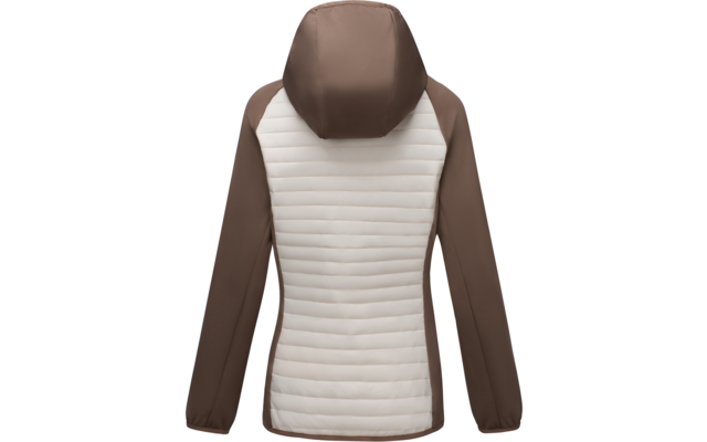 Back view of a hooded jacket with brown sleeves and hood and a light beige, horizontally quilted padded back