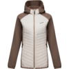 Hooded jacket with full-length zipper, quilted light front panel, brown sleeves and sides, two zippered pockets, small chest logo