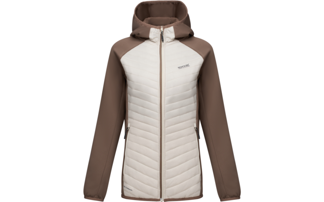 Hooded jacket with full-length zipper, quilted light front panel, brown sleeves and sides, two zippered pockets, small chest logo