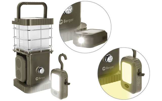 Linterna color oliva con asa y paneles transparentes junto a una pequeña luz rectangular desmontable con gancho; dos recuadros circulares muestran la pequeña luz encendida; fondo blanco