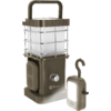 Linterna rectangular color oliva con asa abatible, difusor blanco translúcido, jaula metálica y mando giratorio; junto a ella, una pequeña luz a juego color oliva con gancho y panel luminoso rectangular. Marca 'Berger' visible