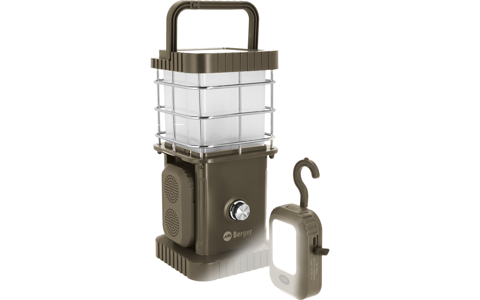 Linterna rectangular color oliva con asa abatible, difusor blanco translúcido, jaula metálica y mando giratorio; junto a ella, una pequeña luz a juego color oliva con gancho y panel luminoso rectangular. Marca 'Berger' visible