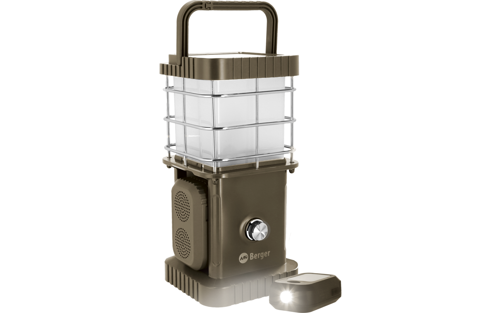 Linterna rectangular verde oliva con asa plegable en la parte superior, difusor transparente con varillas plateadas, mando giratorio en el frontal, logotipo 'Berger' y pequeño módulo luminoso desmontable junto a la base