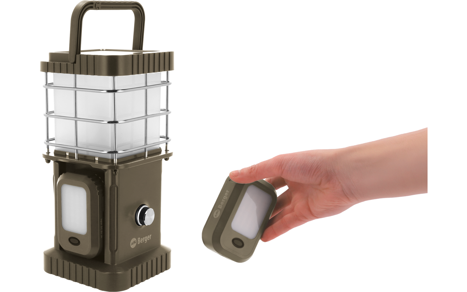 Linterna portátil con jaula metálica y pequeño módulo de luz extraíble; una mano sostiene el módulo