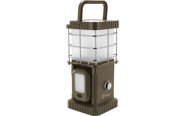 Linterna rectangular marrón-verde con asa en U, jaula metálica alrededor de un difusor blanco esmerilado, panel de luz lateral rectangular y botón redondo plateado