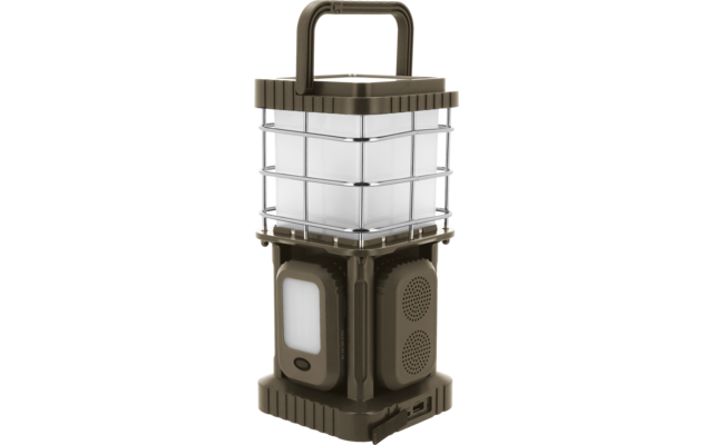 dispositivo cuadrado con asa en la parte superior; mitad superior con paneles blancos translúcidos enmarcados por barras metálicas plateadas; mitad inferior carcasa marrón con panel blanco rectangular, botón debajo, dos rejillas redondas en el lateral y conector en la base