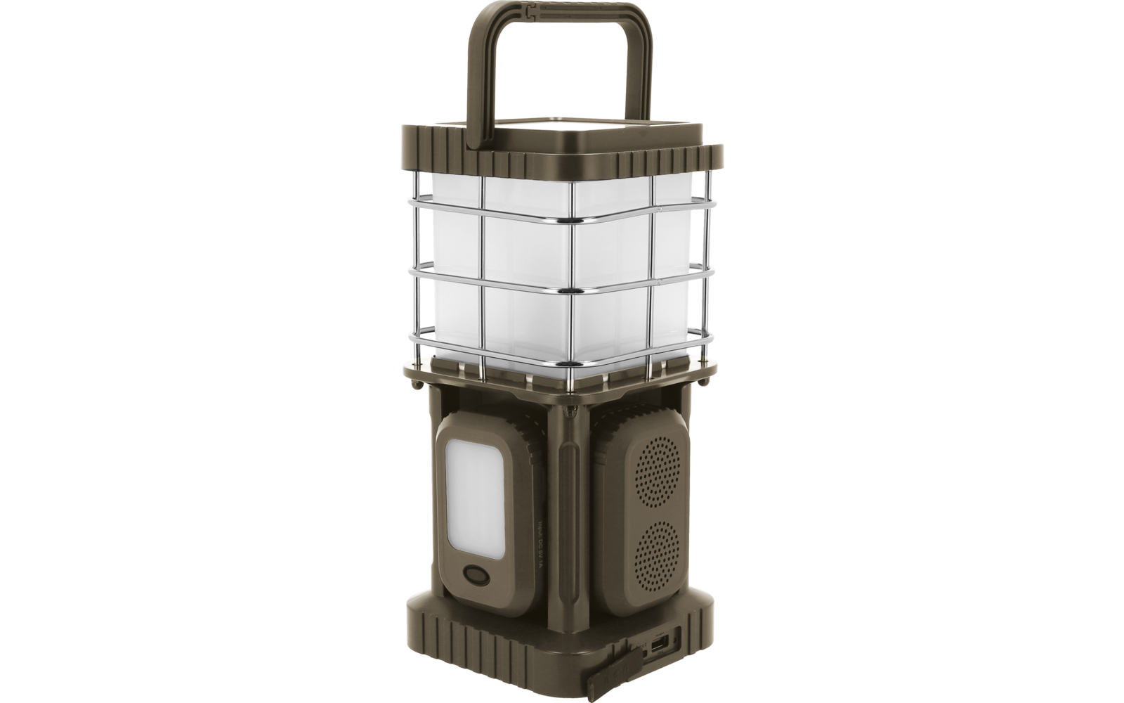 dispositivo cuadrado con asa en la parte superior; mitad superior con paneles blancos translúcidos enmarcados por barras metálicas plateadas; mitad inferior carcasa marrón con panel blanco rectangular, botón debajo, dos rejillas redondas en el lateral y conector en la base