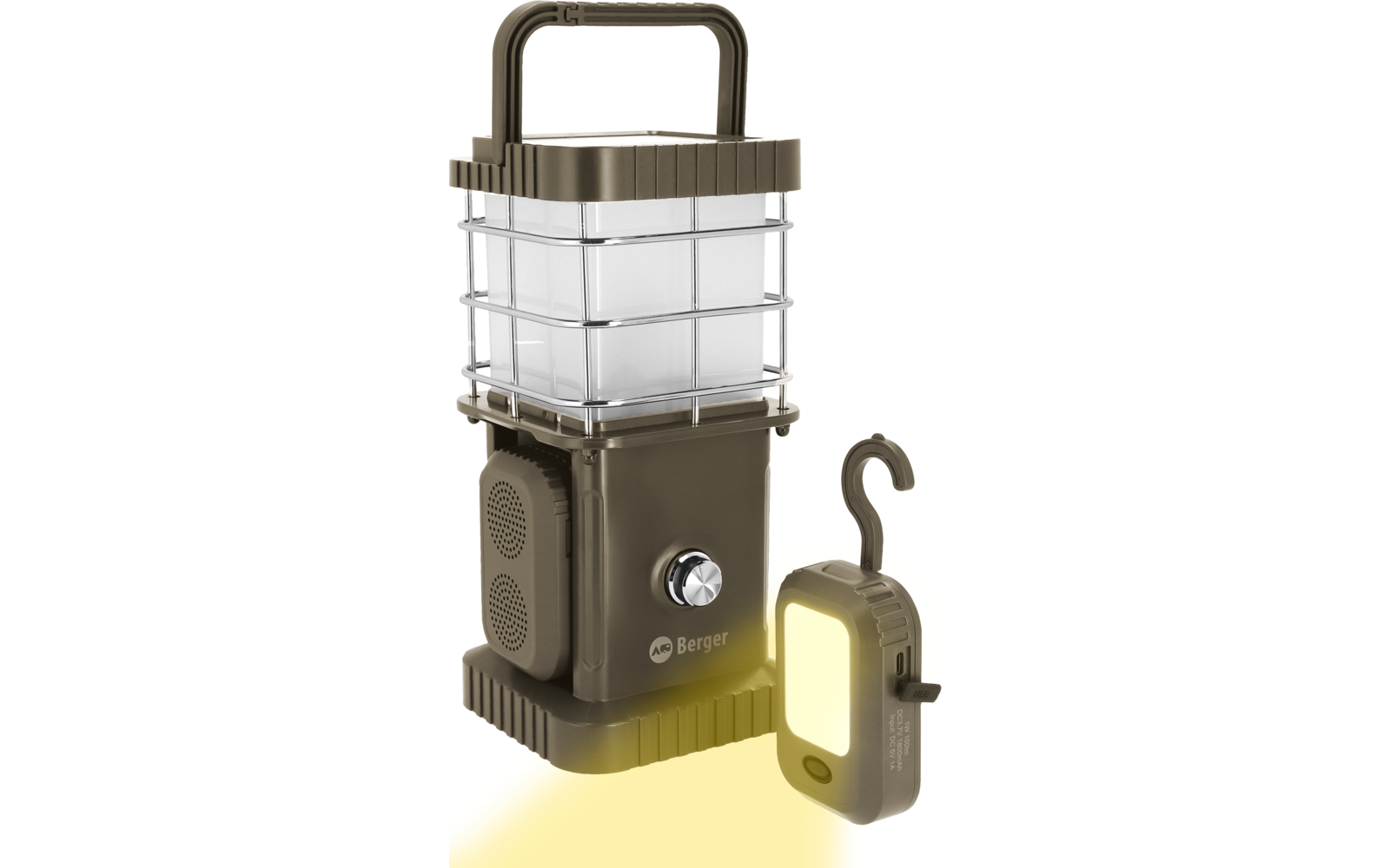 Aparato luminoso rectangular color oliva con asa, mando giratorio, inscripción 'Berger' y una pequeña luz colgante encendida con gancho al lado
