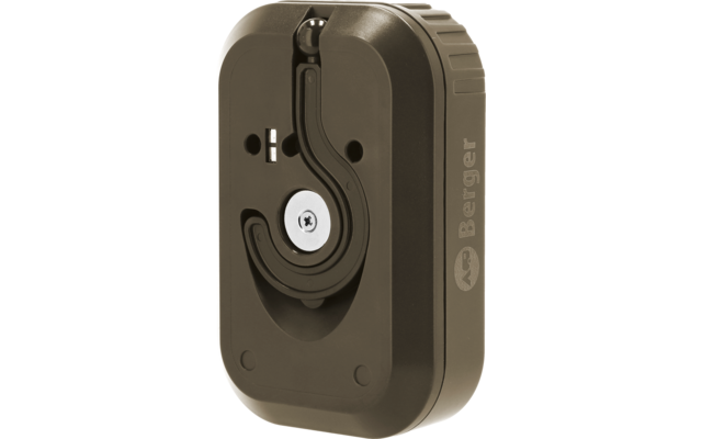 Carcasa rectangular redondeada de plástico verde oliva con una pieza central curva de plástico negro, pasador metálico redondo con tornillo, dos pequeñas aberturas redondas y la inscripción lateral 'Berger'