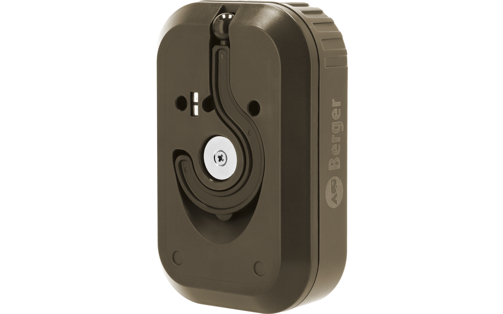 Carcasa rectangular redondeada de plástico verde oliva con una pieza central curva de plástico negro, pasador metálico redondo con tornillo, dos pequeñas aberturas redondas y la inscripción lateral 'Berger'