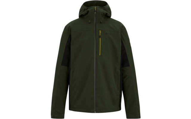 Olivegrüne Kapuzenjacke mit durchgehendem Reißverschluss, sichtbarer Brusttasche mit kontrastfarbener Reißverschlussleiste und schwarzen Einsätzen an den Ärmeln