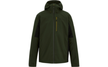 Olivegrüne Kapuzenjacke mit durchgehendem Reißverschluss, sichtbarer Brusttasche mit kontrastfarbener Reißverschlussleiste und schwarzen Einsätzen an den Ärmeln