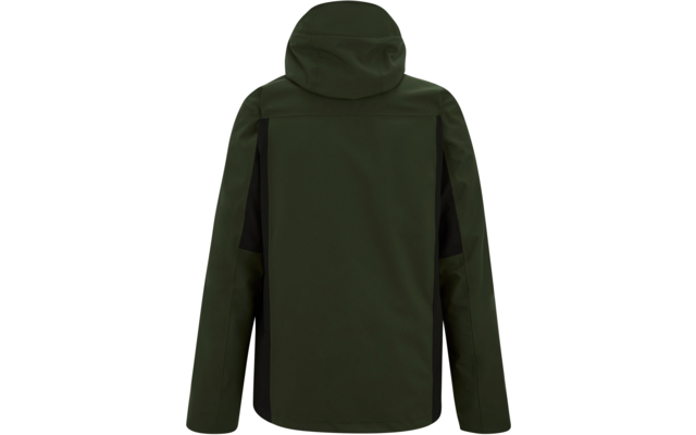 Rückansicht einer dunkelgrünen Jacke mit Kapuze und schwarzen Seiteneinsätzen