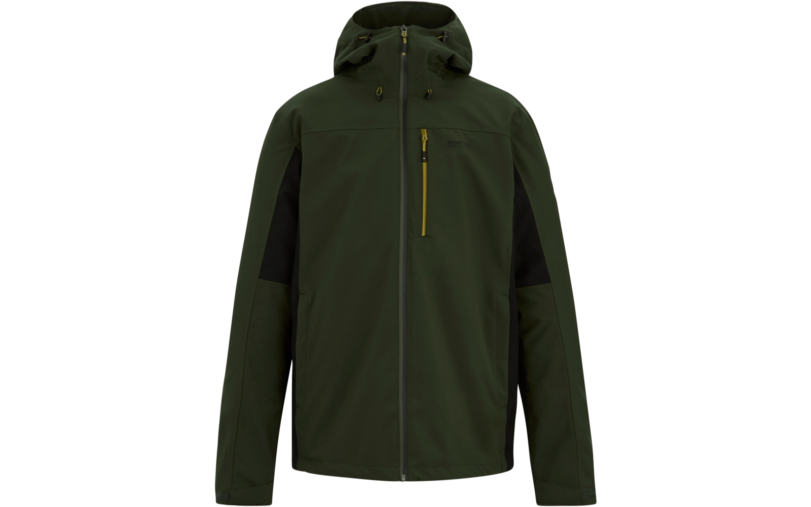 Olivegrüne Kapuzenjacke mit durchgehendem Reißverschluss, sichtbarer Brusttasche mit kontrastfarbener Reißverschlussleiste und schwarzen Einsätzen an den Ärmeln