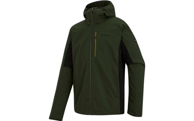 Grüne Kapuzenjacke mit schwarzen Seitenteilen, durchgehendem Frontreißverschluss und gelbem Reißverschluss an der Brusttasche