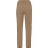 Rückansicht einer beigefarbenen Hose mit Taillenbund, mittiger Naht, kleinem rautenförmigem Zeichen oberhalb der Naht, kleinem grünen Etikett an der rechten Seite und kurzen Schlitzen an den Beinabschlüssen