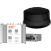 Grijs elektronisch apparaat met opschrift SELFISAT naast een zwarte ronde antenne