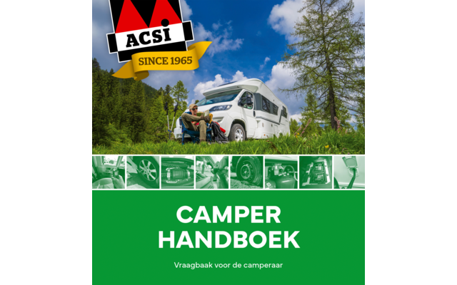 Wohnmobil und zwei Personen vor Bäumen unter blauem Himmel auf einem Cover mit grünem Hintergrund und ACSI-Logo