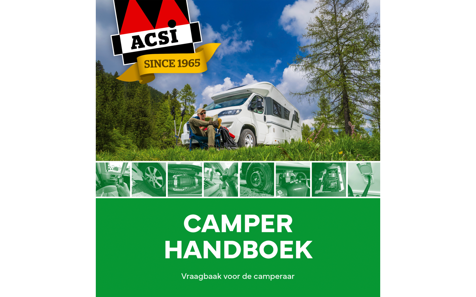 Wohnmobil und zwei Personen vor Bäumen unter blauem Himmel auf einem Cover mit grünem Hintergrund und ACSI-Logo