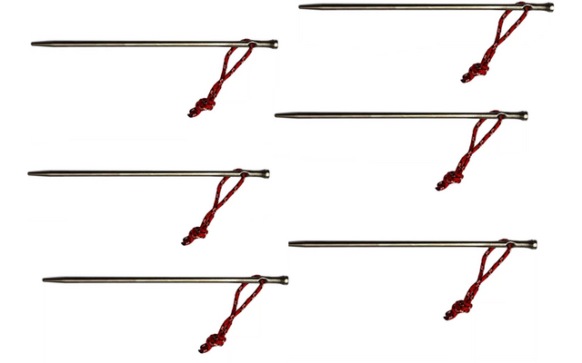 Six tiges métalliques fines, chacune avec un cordon rouge torsadé noué près d'une extrémité, sur fond blanc