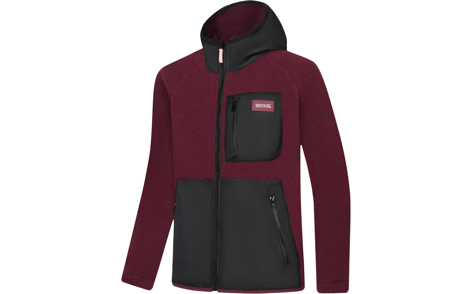 Bordeauxrote Fleecejacke mit schwarzen Front- und Brustpaneelen, durchgehendem Reißverschluss, Kapuze und zwei unteren Reißverschlusstaschen