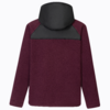 Rückenansicht einer bordeauxroten Fleecejacke mit schwarzem Nylonbesatz an Schultern und Kapuze