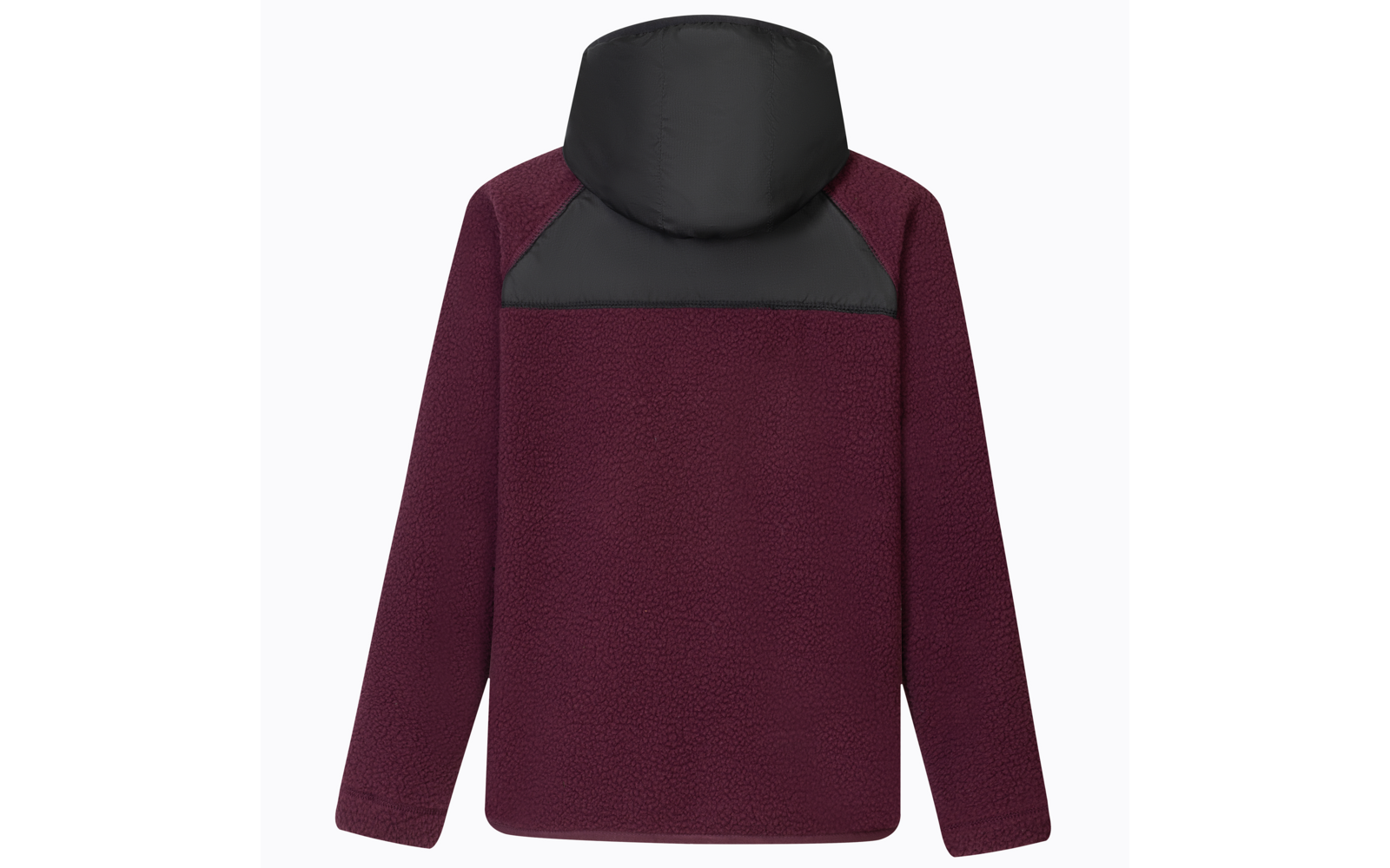 Rückenansicht einer bordeauxroten Fleecejacke mit schwarzem Nylonbesatz an Schultern und Kapuze
