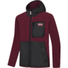Bordeauxrote Fleecejacke mit schwarzen Front- und Brustpaneelen, durchgehendem Reißverschluss, Kapuze und zwei unteren Reißverschlusstaschen