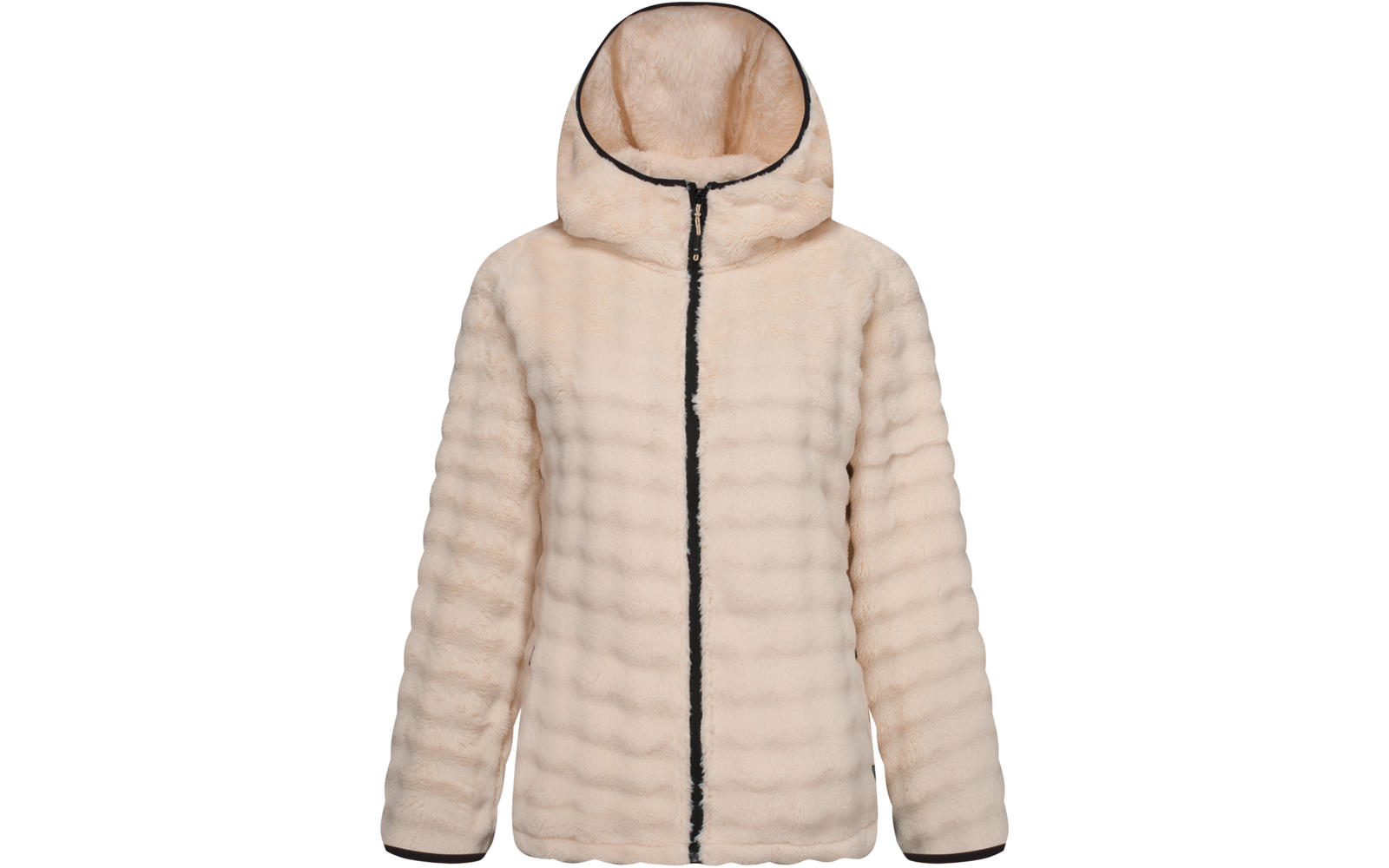 Chaqueta con capucha de pelo sintético beige, cremallera central negra y ribetes negros, vista frontal