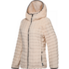 Chaqueta con capucha de color beige claro con cremallera negra de largo completo, ribete negro, patrón acanalado horizontal, mangas largas y dos bolsillos laterales con cremallera