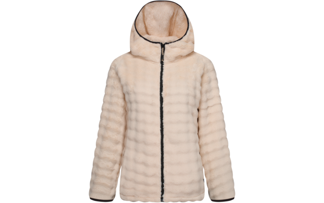 Chaqueta con capucha de pelo sintético beige, cremallera central negra y ribetes negros, vista frontal