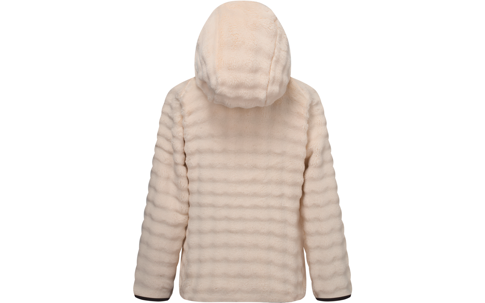 Vista trasera de una chaqueta con capucha color beige claro con textura peluda a rayas horizontales y puños de manga oscuros