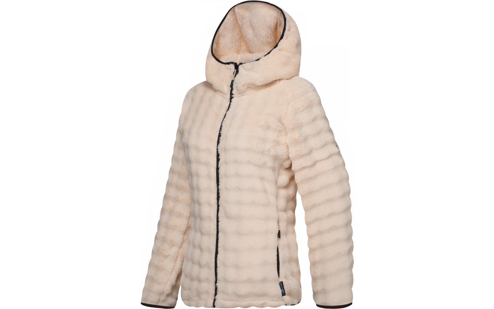 Chaqueta con capucha de color beige claro con cremallera negra de largo completo, ribete negro, patrón acanalado horizontal, mangas largas y dos bolsillos laterales con cremallera