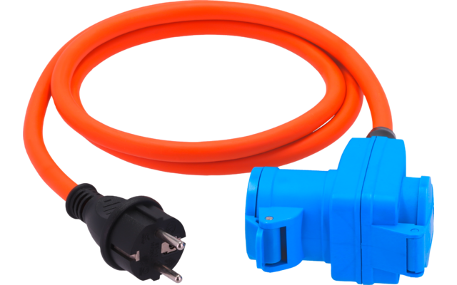 Orangefarbenes, ringförmig aufgewickeltes Kabel; an einem Ende ein schwarzer Stecker mit zwei runden Stiften, am anderen Ende ein blauer Steckadapter