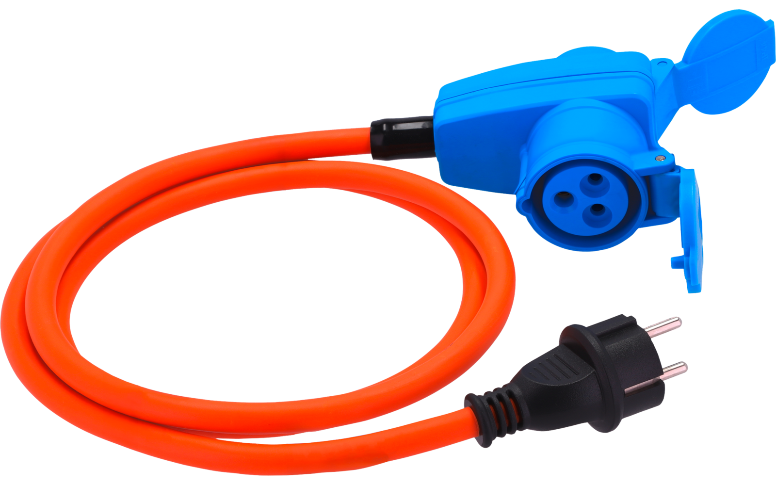 Schlaufe eines orangefarbenen Kabels mit schwarzem zweipoligen Stecker und blauem runden Steckanschluss mit offener Klappe