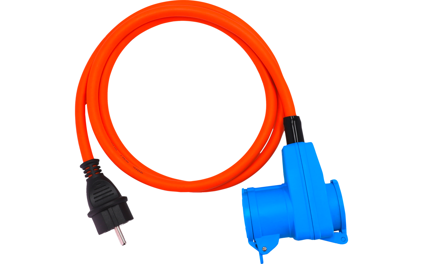 Oranges, aufgerolltes Verlängerungskabel mit schwarzem Netzstecker und blauem Kupplungsanschluss