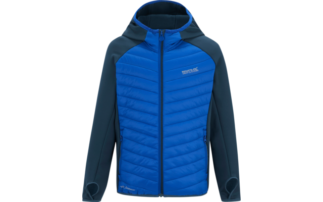 Blaue Kapuzenjacke mit hellblauer, gesteppter Vorderseite, dunklen Ärmeln und Kapuze, mittigem Reißverschluss, zwei Reißverschlusstaschen, weißem Logo auf der linken Brust und Daumenöffnungen an den Bündchen