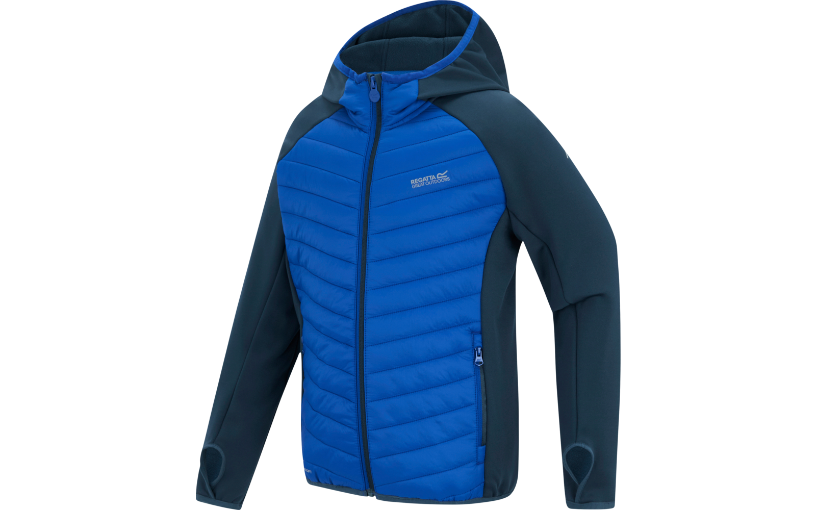 Blaue Kapuzenjacke mit gesteppter, hellblauer Front, dunkleren Ärmeln und Seitenteilen, durchgehendem Reißverschluss, seitlicher Reißverschlusstasche und kleinem Logostick auf der Brust; Ärmel mit Daumenlöchern