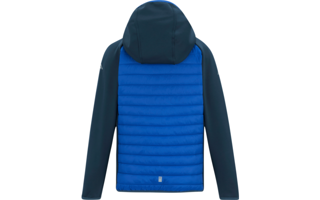 Rückenansicht einer Kapuzenjacke mit hellblau gepolstertem Rücken und dunkelblauen Ärmeln und Kapuze