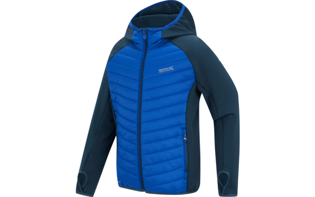 Blaue Kapuzenjacke mit gesteppter, hellblauer Front, dunkleren Ärmeln und Seitenteilen, durchgehendem Reißverschluss, seitlicher Reißverschlusstasche und kleinem Logostick auf der Brust; Ärmel mit Daumenlöchern